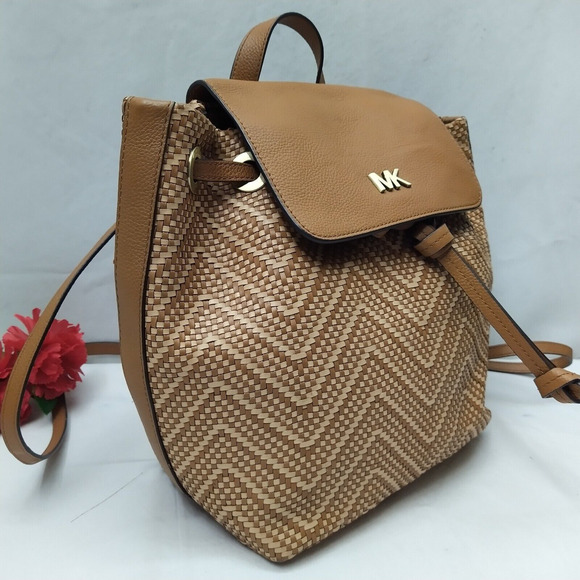 Michael Kors Junie Brown Chevron Woven Leather Drawstring Flap Closure Backpack - Picture 3 of 16